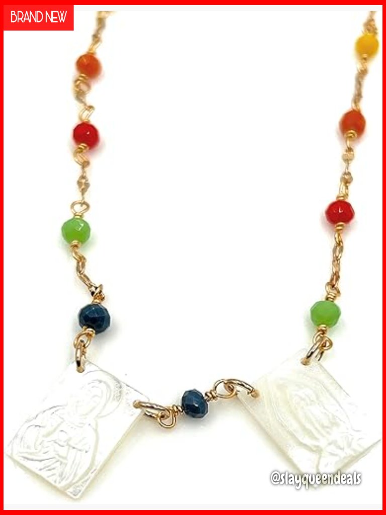 Sacred Heart Virgin Mary Chain Necklace Crystal Bead Gold
